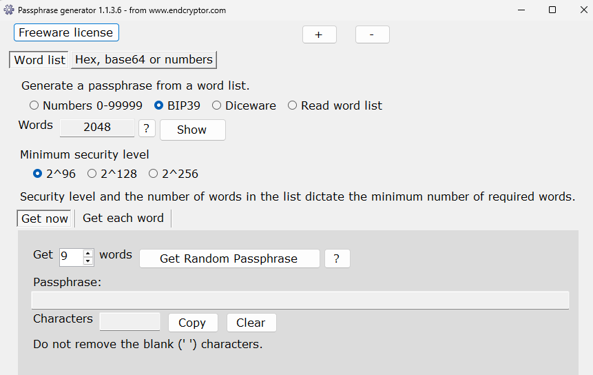 Passphrase generator main window