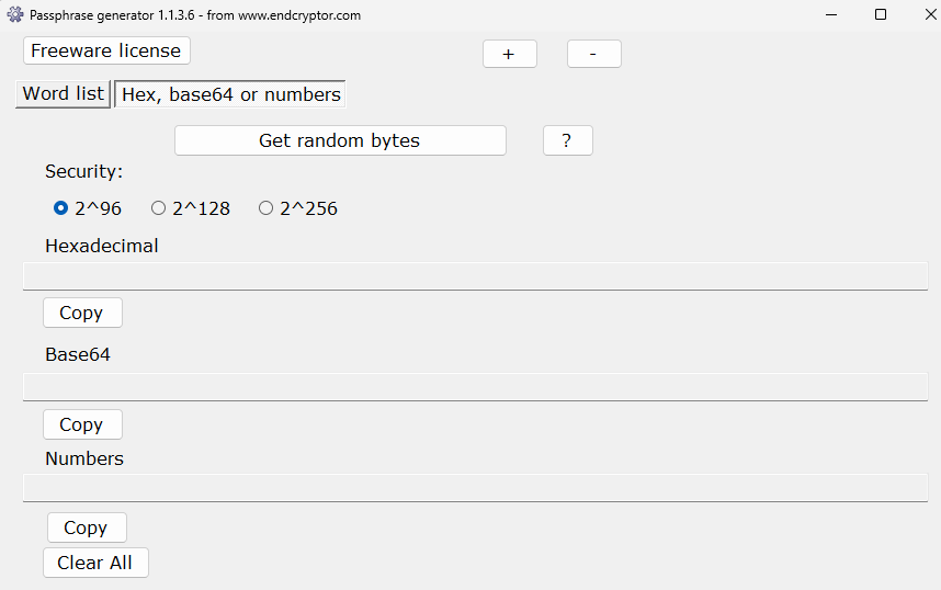 Passphrase generator main window, tab 